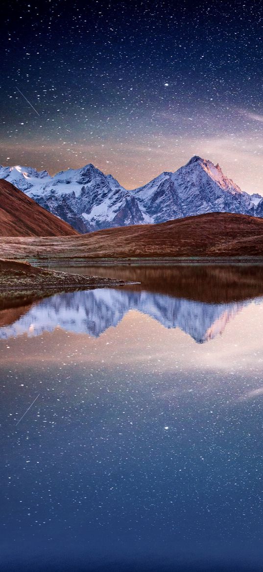 blue sky, stars, mountains