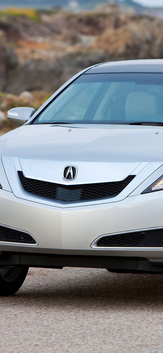 acura, zdx, 2009, silver metallic, front view, style, cars, rocks, sea, nature