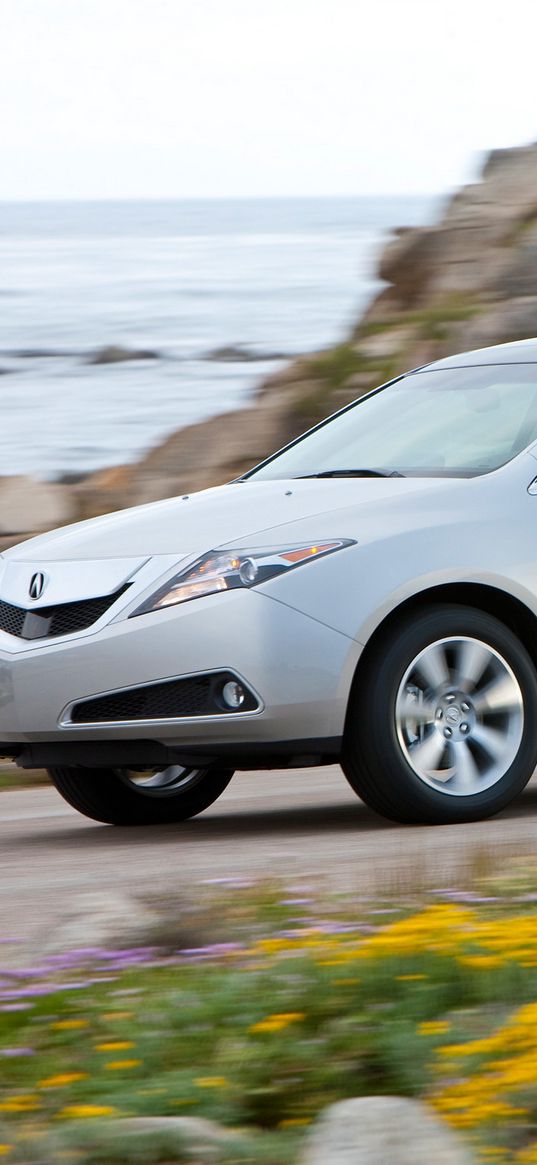 acura, zdx, 2009, white, side view, style, cars, speed, flowers, grass, sea, rock