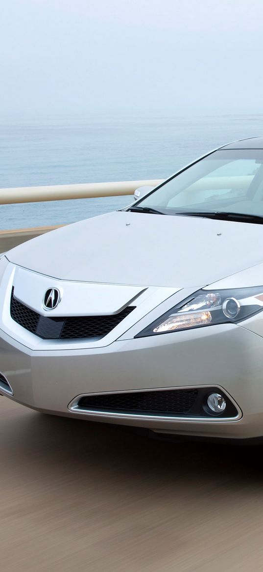 acura, zdx, 2009, silver metallic, front view, style, cars, speed, sea, mountains