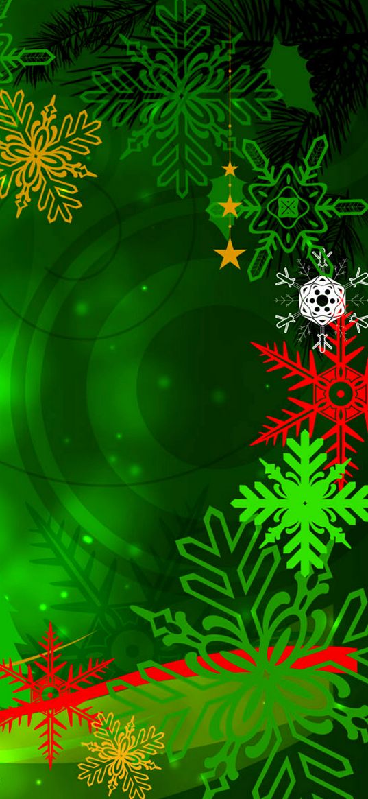 snowflakes, green background, circle, digital art