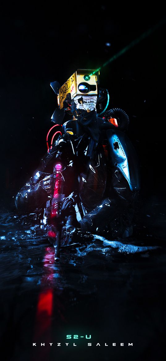 robot, weapon, dark background