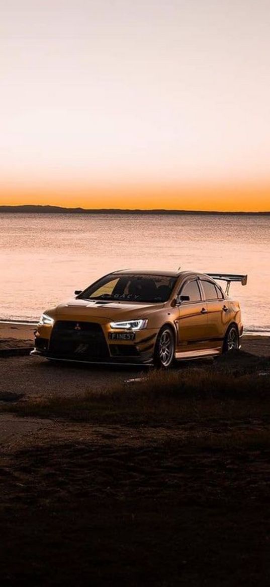 mitsubishi lanser, jdm, auto, sunset, beach, coast