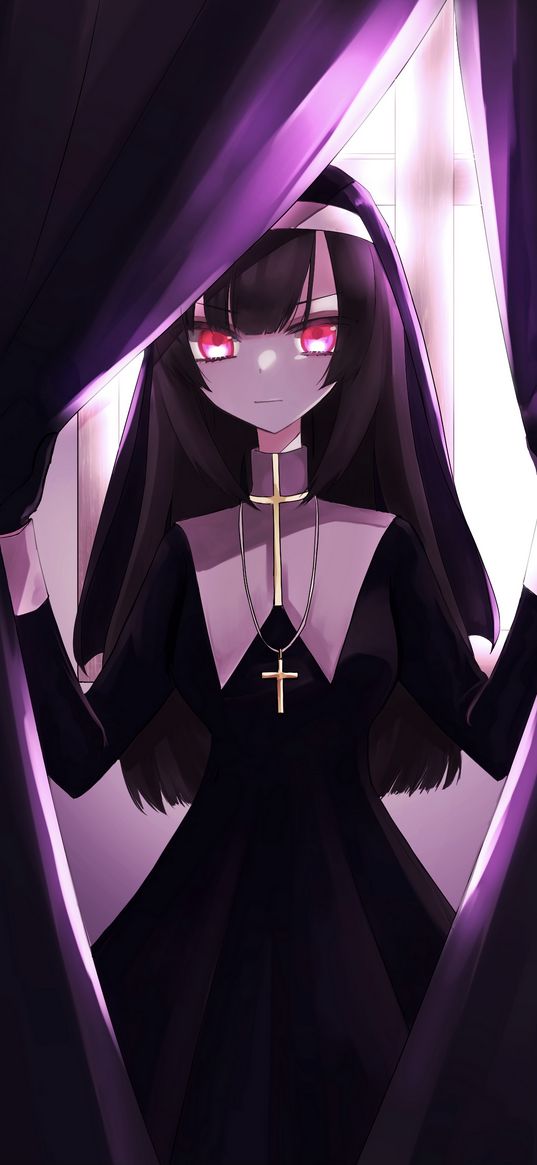 girl, nun, anime, art, purple