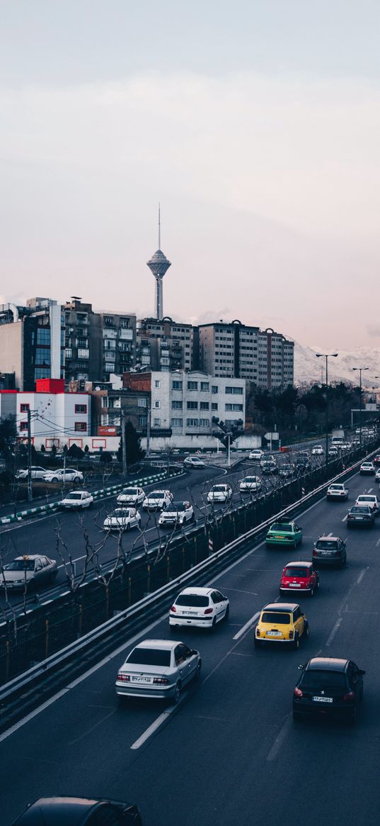 city, road, cars, top view, sunset, street, iran, tehran