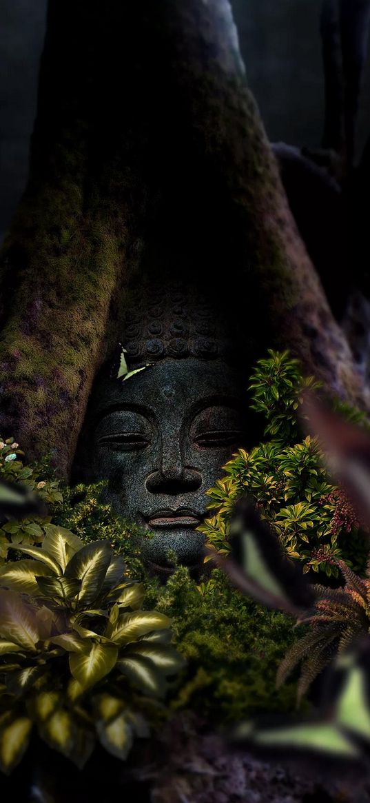 buddha, green, black, sculpture, plant