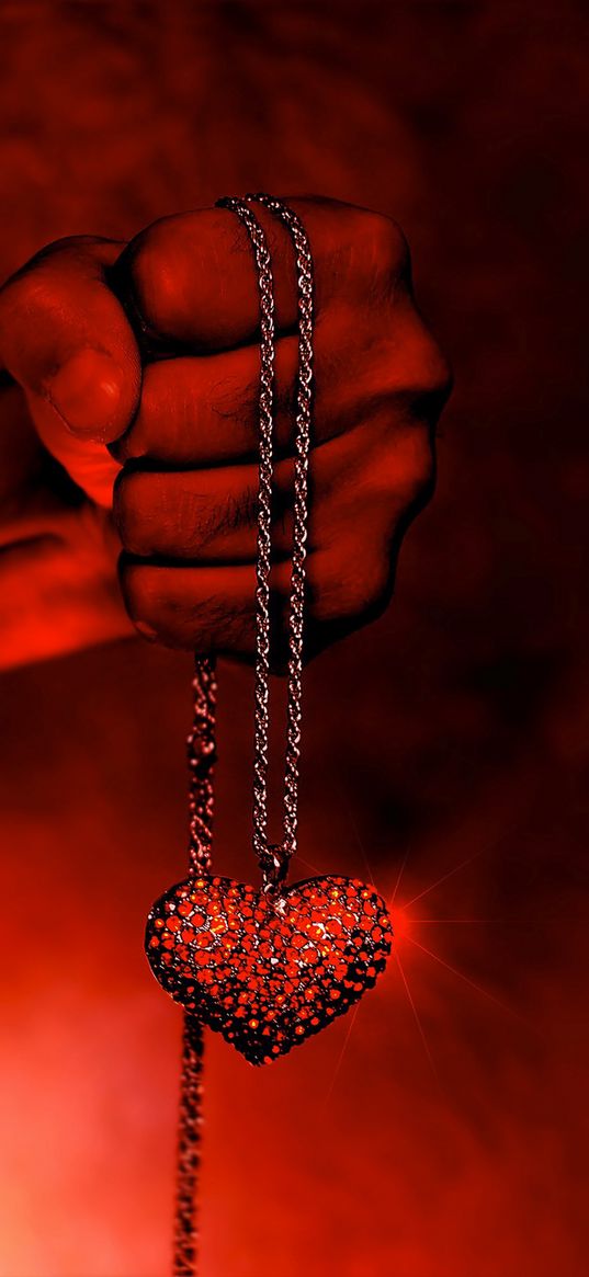 heart, pendant, hand, love, diamonds, red background