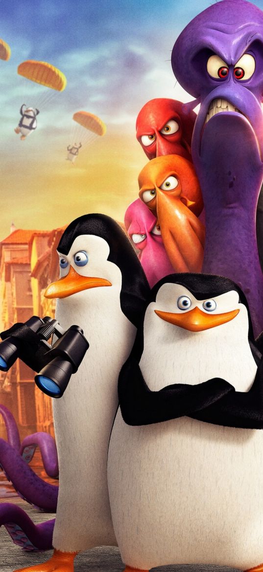 penguins from madagascar, kowalski, skipper, penguin, squid, characters, cartoon