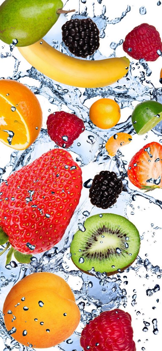 fruit, strawberry, banana, kiwi, berries, water, white background