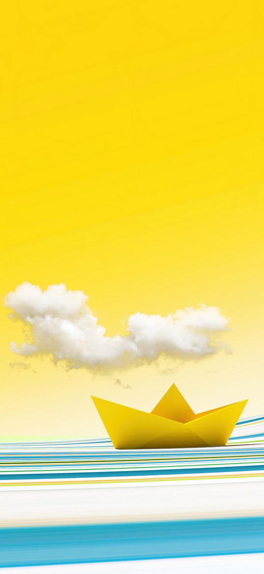 paper boat, cloud, yellow sky, art