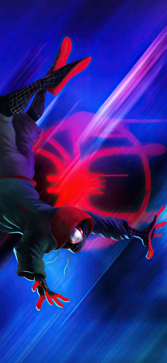 spider-man, miles morales, character, flight, neon color, spiderman