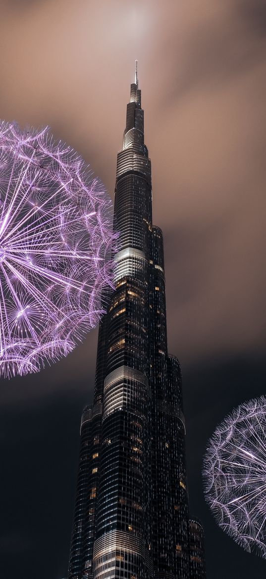 burj khalifa, dubai, skyscraper, emirates, evening, dandelion