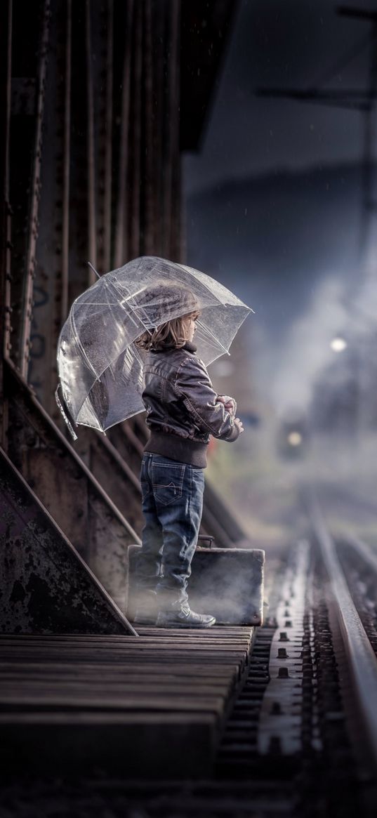 umbrella, girl, kid, railway