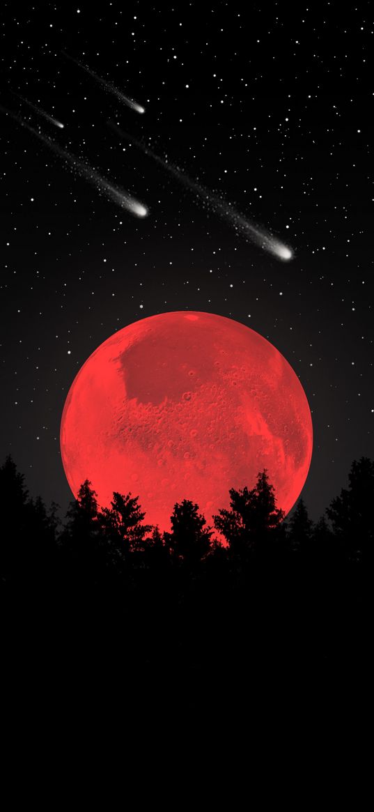 moon, red moon, forest, stars, falling stars, comet, night, night sky