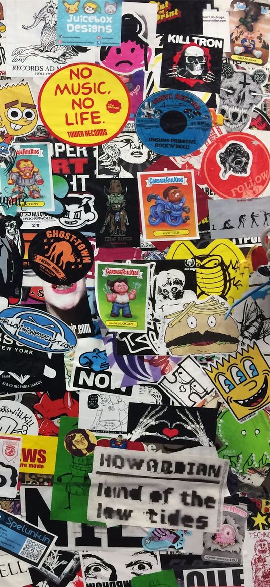 stickers, collage, cartoons, graffiti