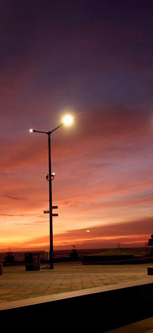 beach, sunset, city, lamppost, coast, orange sky