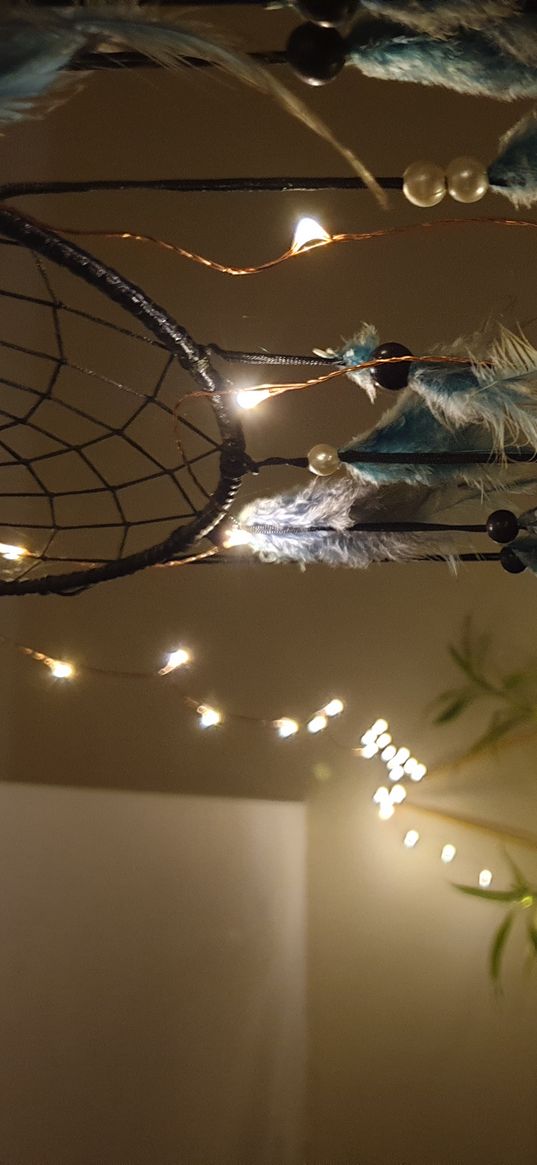 indoor garden, plants, dream catcher, lights, garland