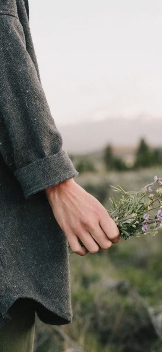 girl, flowers, field, woman, gray sky