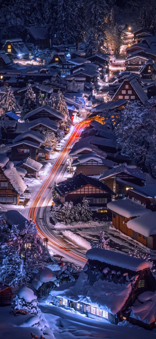 winter, fairy tale, snow, road, light, top view