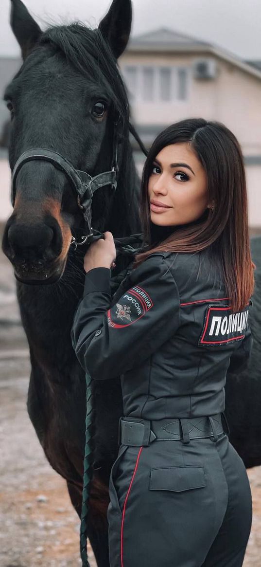 beautiful girl, horse, black, police, uniform, house, beauty