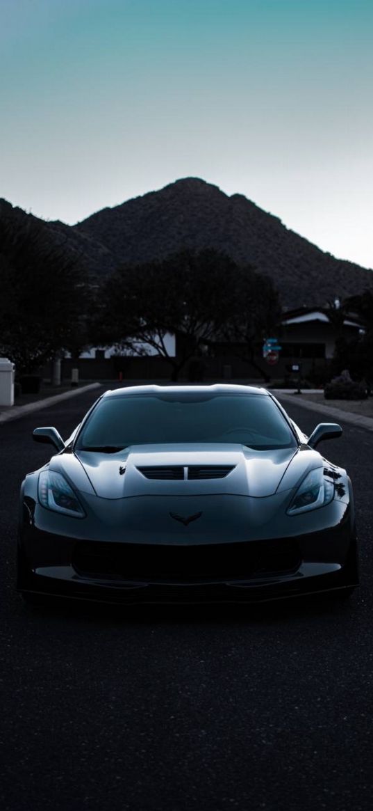 chevrolet corvette, car, dark, mountain, sky, trees