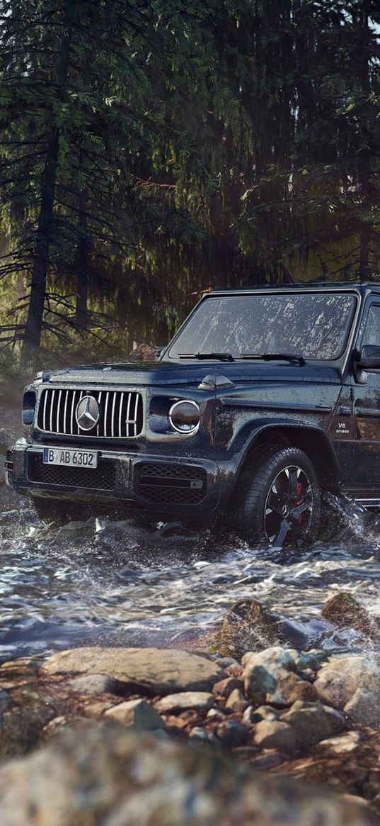 mercedes-benz g-class, mercedes, car, suv, black, river, forest, stones, power