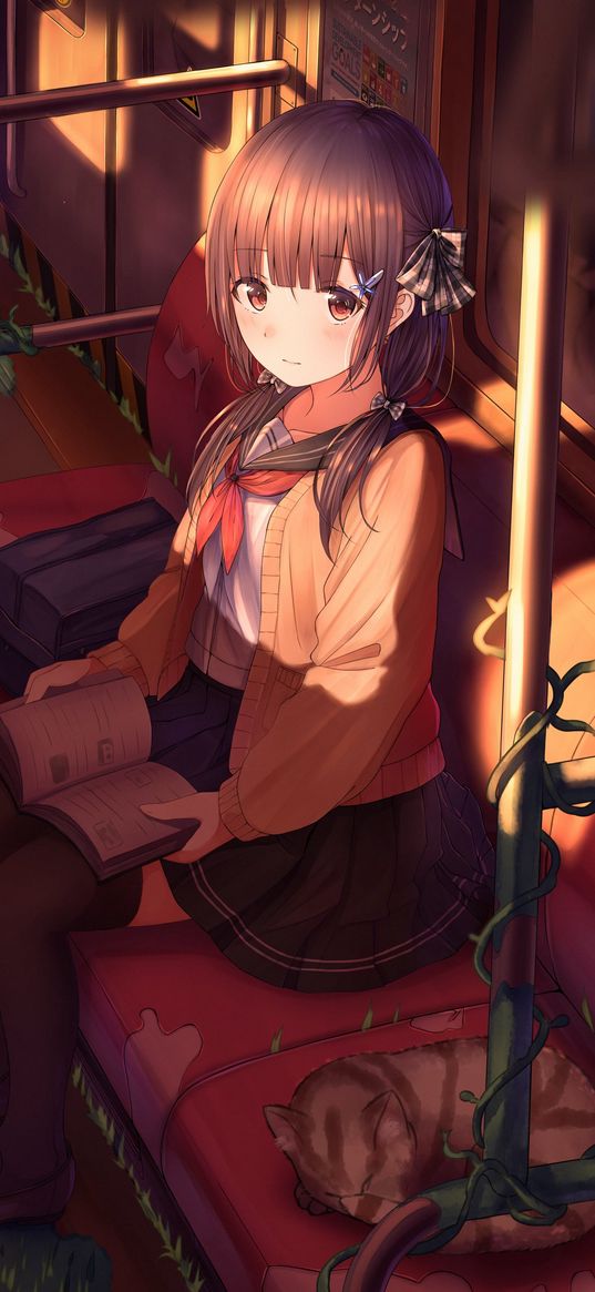 girl, schoolgirl, book, subway, anime