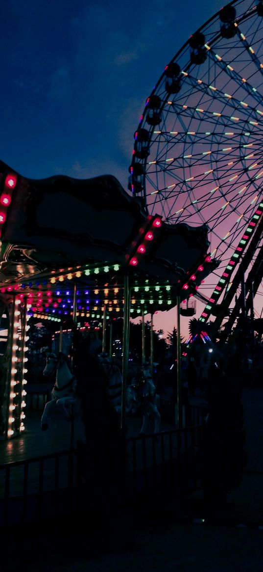 carousel, ferris wheel, park, sunset