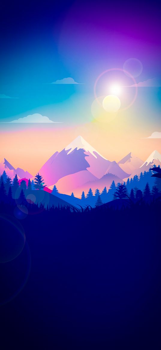 minimalism, tree, mountains, sky, sun, light, vector, art