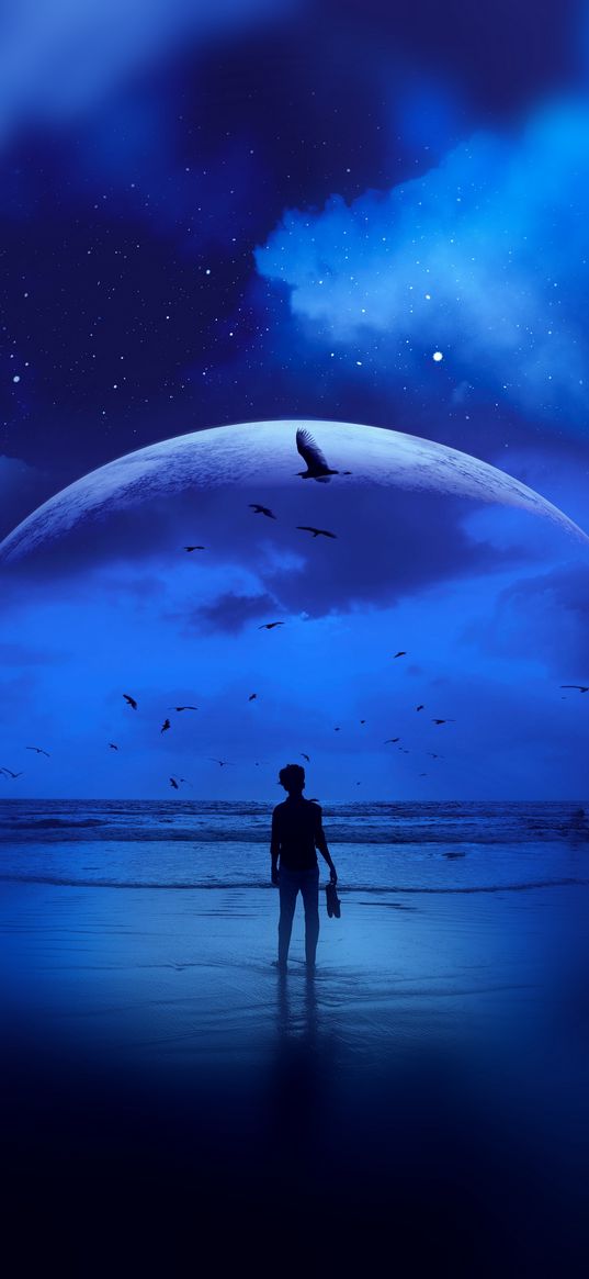 art, night, blue sky, moon, stars, man