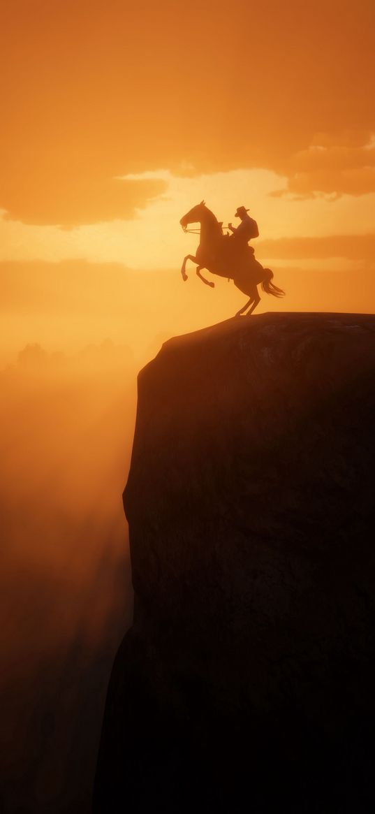 yellow, mountain, horse, cowboy, sunset