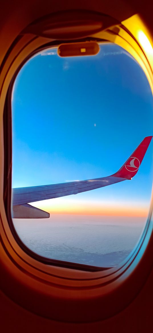 porthole, airplane, wing, clouds, sunrise, vacation, travel