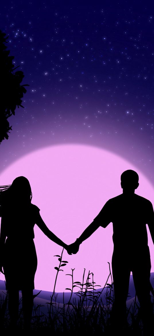 couple, silhouette, moon, stars, guy, girl, love