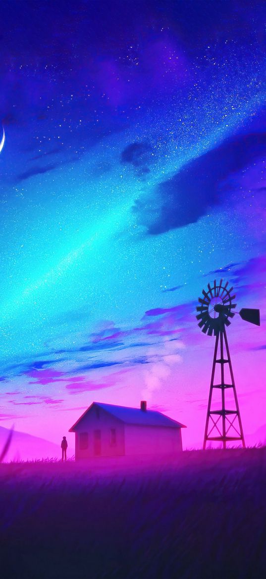 men, house, mill, stars, night, moon, purple