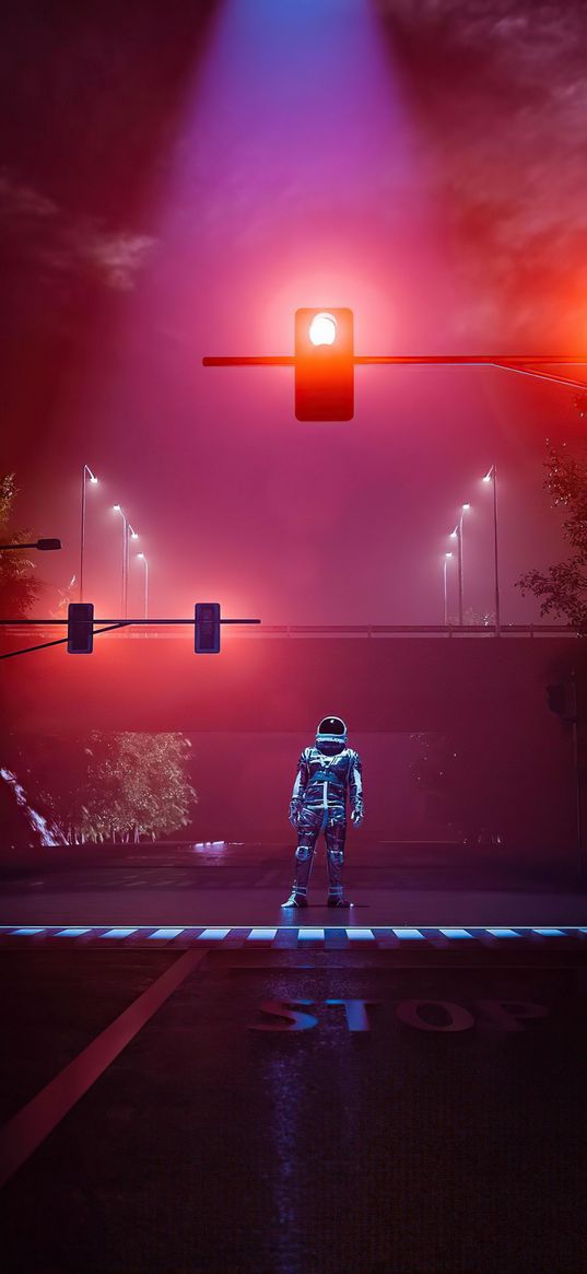 astronaut, night, traffic light