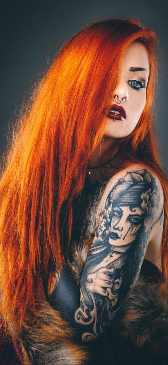 girl, redhead, tatoo, piercing