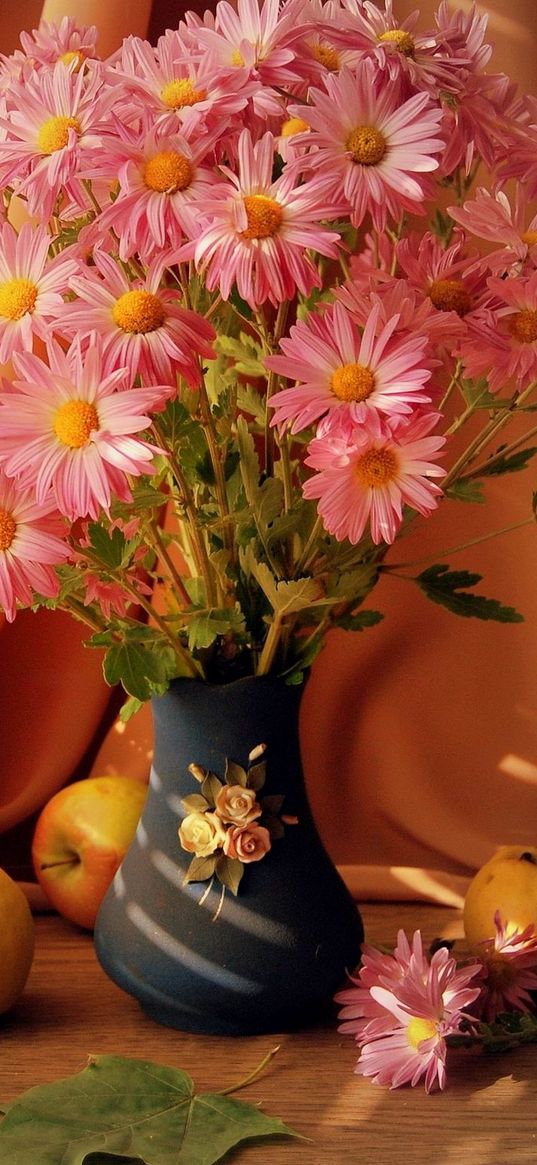 flowers, vase, fruit, basket, table, stilllife