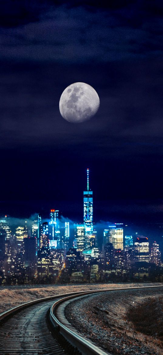 city, sky, cloud, moon, rails, dark background