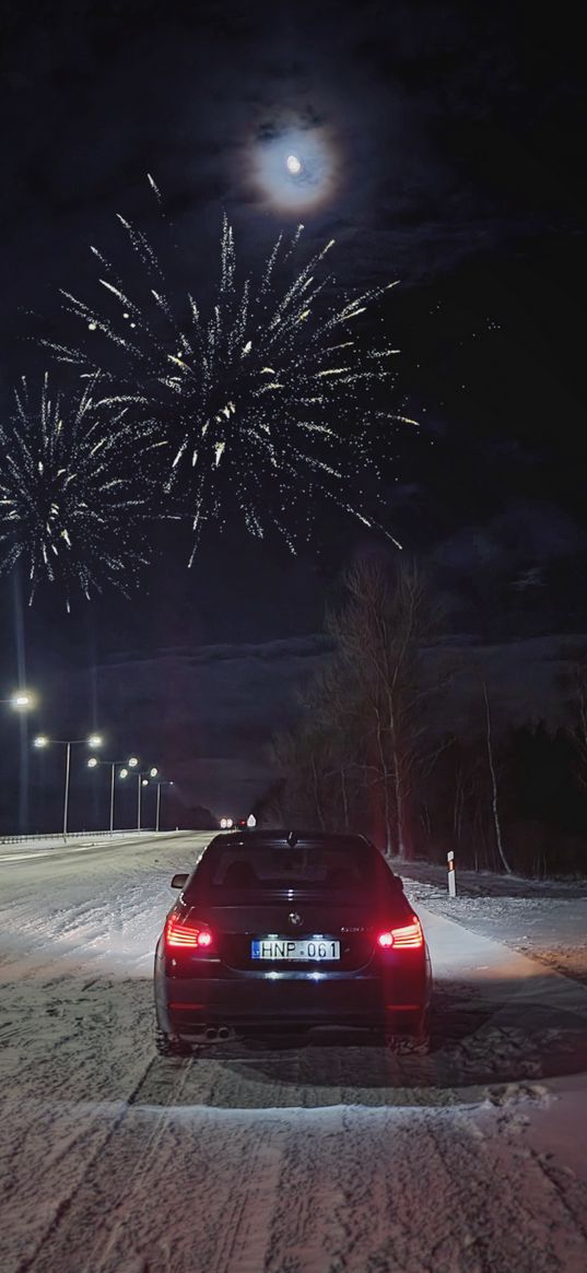 bmw e60, bmw, auto, black auto, fireworks, lights, snow