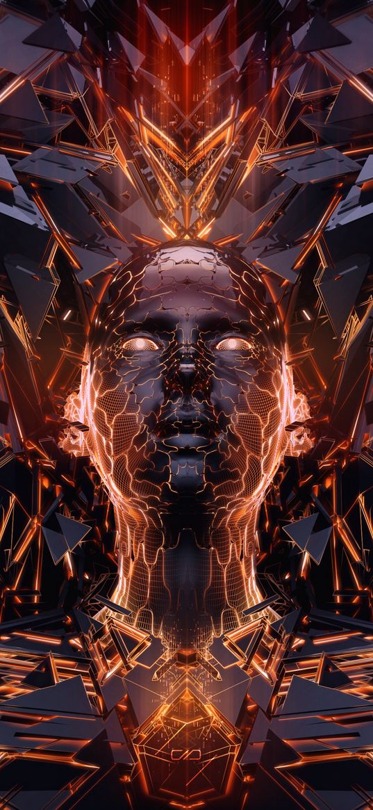 face, head, cyberpunk, future, technology, futurism, fantasy, flame, digital art