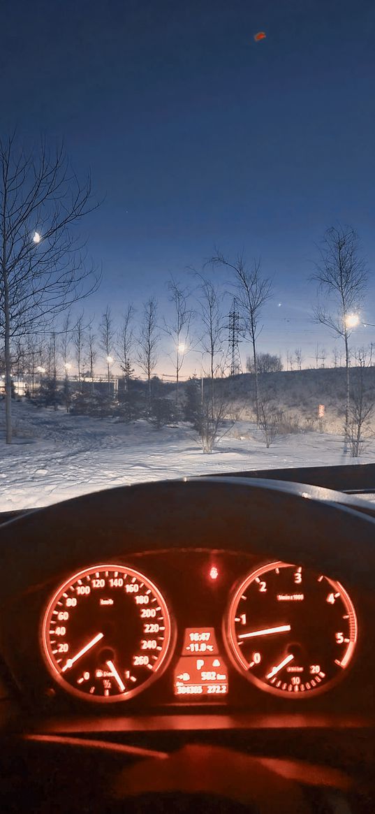 bmw, car, night, winter, speedo, speedometer