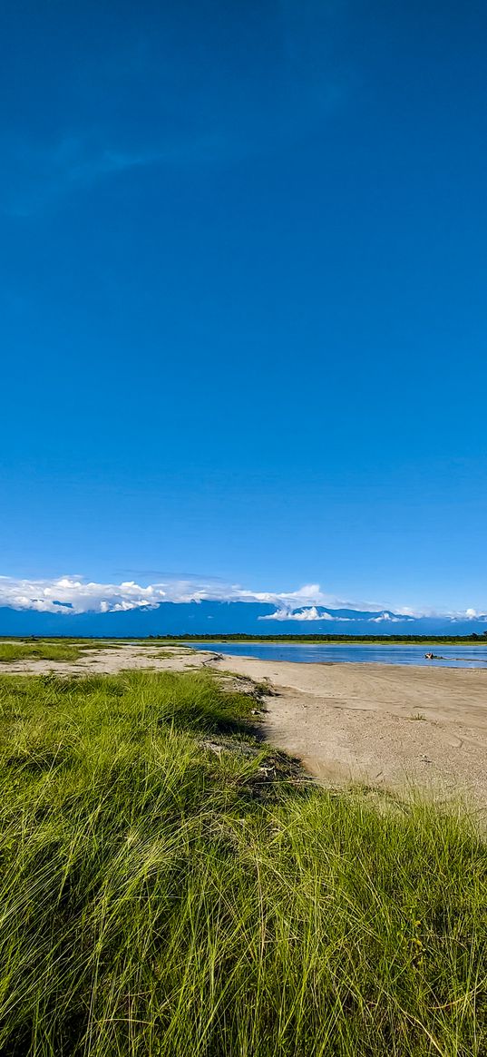 sky, grass, river, india, mountain, blue, water, landscape