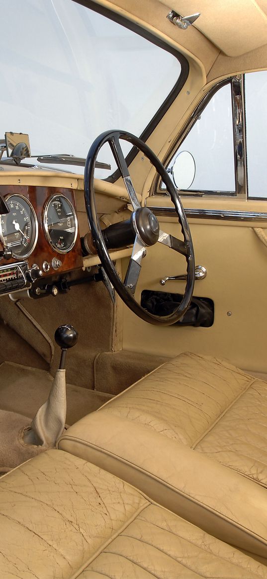 aston martin, 1950, beige, salon, retro, interior, steering wheel, speedometer