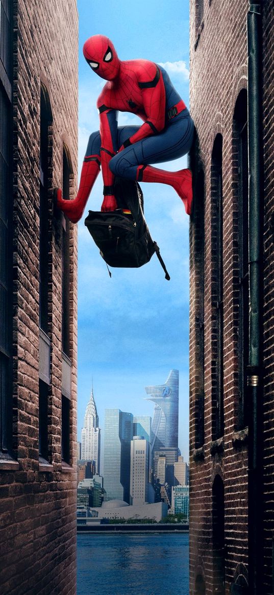 spiderman, spider-man, city, height, backpack