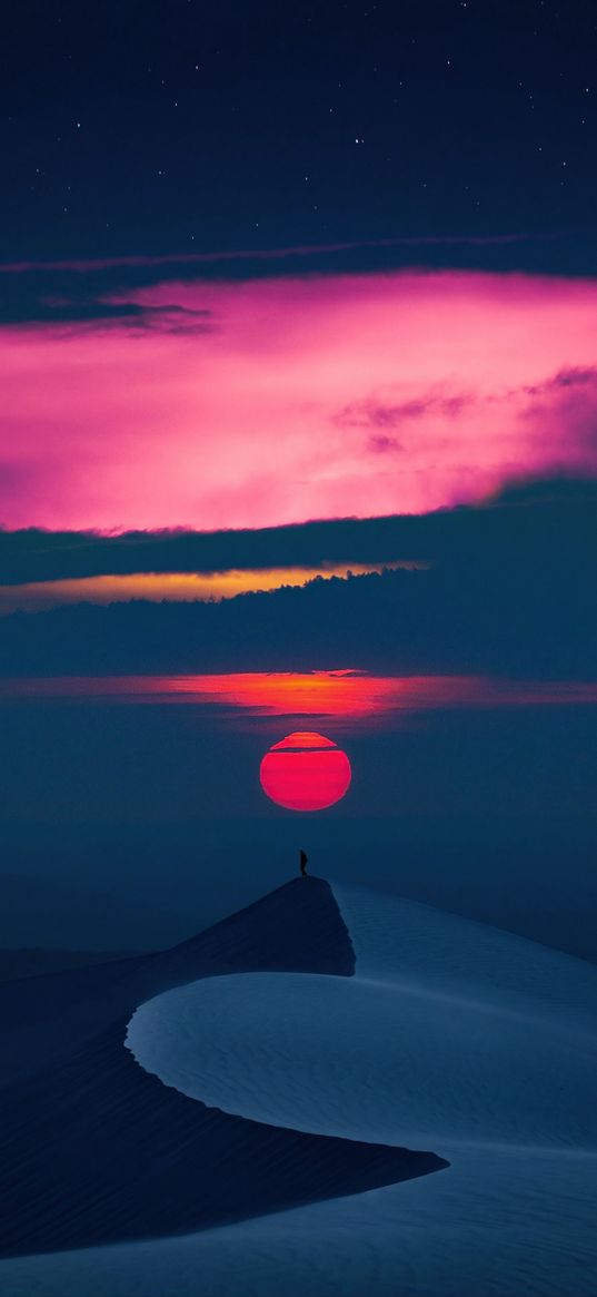 mountain, silhouette, red sun, blue