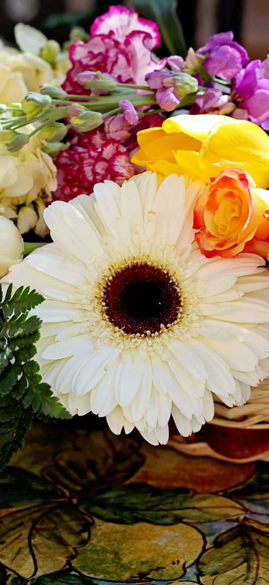 roses, carnations, gerberas, tulips, flowers, arrangement, basket