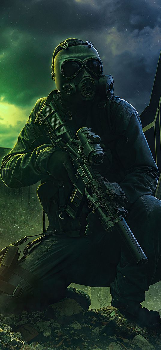 soldier, war, night, gas mask, rifle