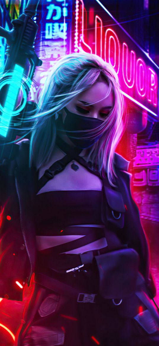 girl, cyberpunk, neon, night