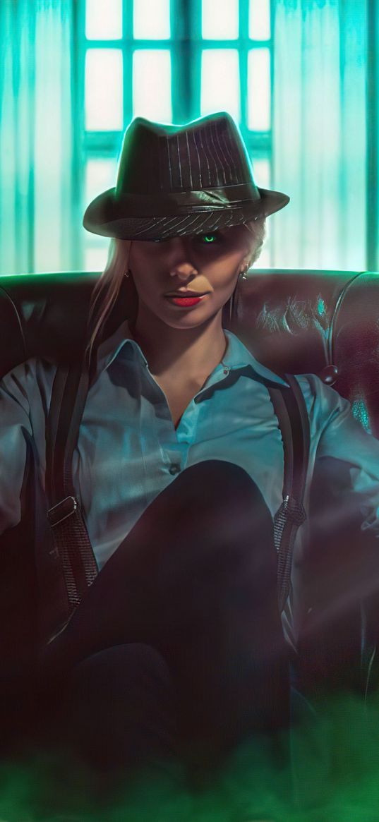 girl, day, green, neon, cyberpunk