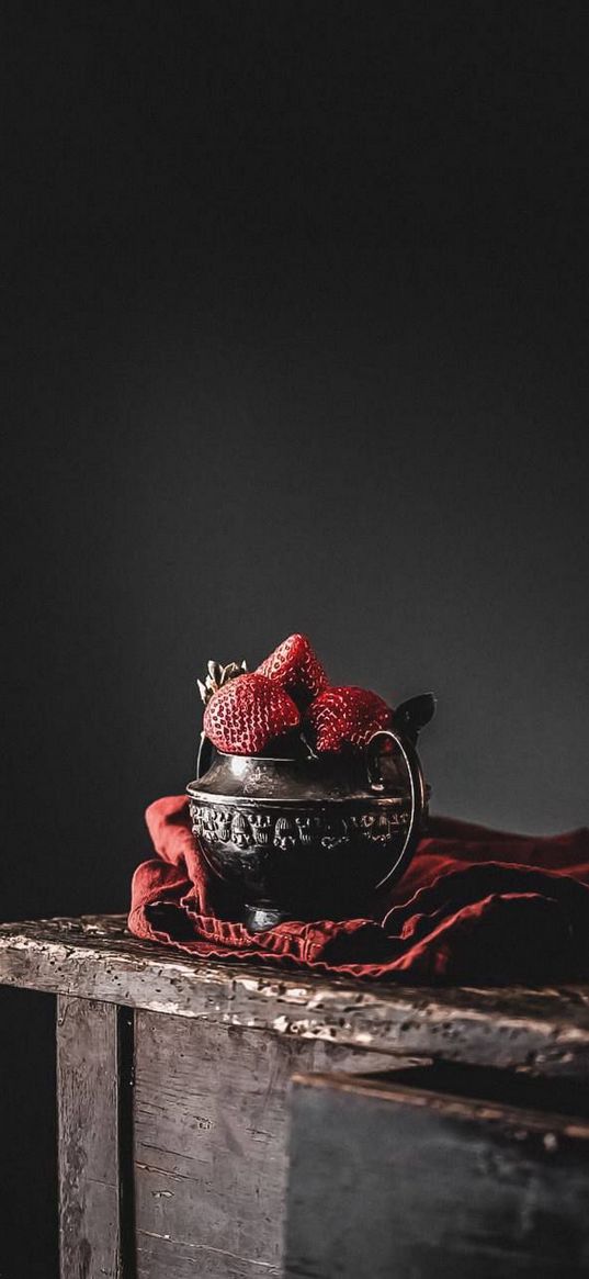 still life, strawberry, pot, berries, red, dark